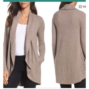 Barefoot Dreams CozyChic Lite Cardigan Style 452 Taupe Drape Front Pockets XS S